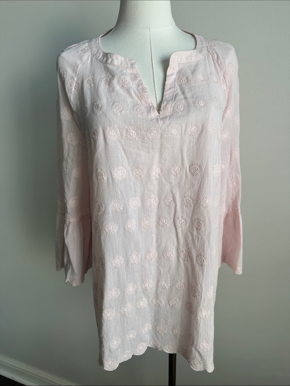 J Jill Soft Pink Embroidered Tunic Top Bell Sleeves Relaxed‎ Fit Women L Coastal